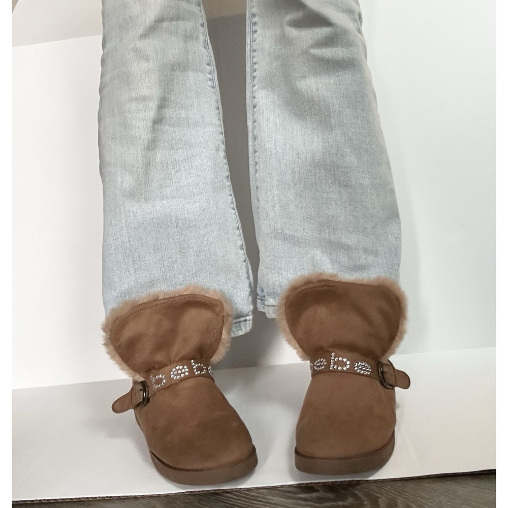 Bebe Leyna Rhinestone Faux Fur Boots Buckle Detail Y2K Style Trashy Mcbling